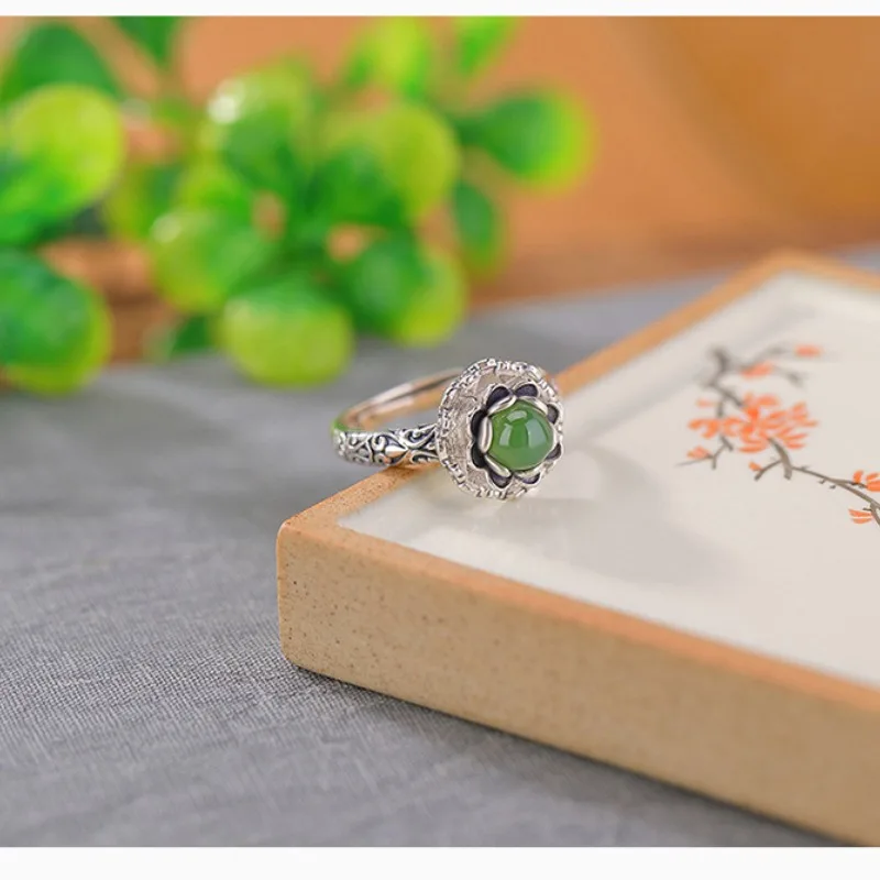 

TIMESWIND Women Green Hetian Jade Lotus Three-d Rotating Open S925 Ring with Certificate
