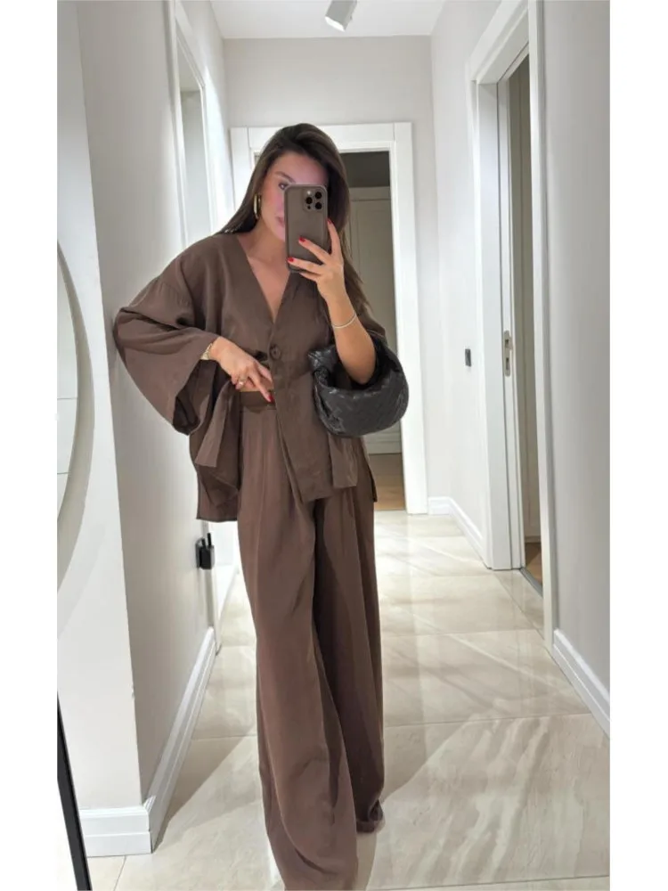 캐주얼 여성 린넨 루즈 셔츠 팬츠 세트 패션 싱글 브레스티드 블라우스 와이드 레그 팬츠 수트 여름 여성 2피스 의상