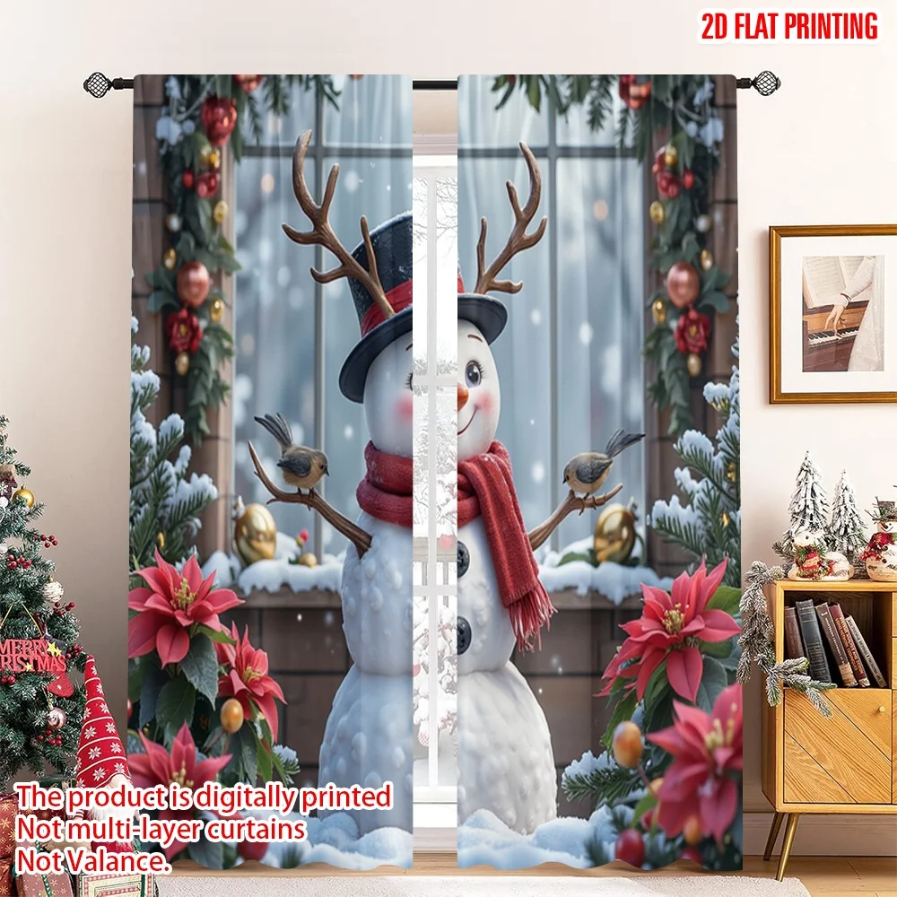 

2pcs 2D flat printing Christmas Window Curtains Happy Snowman Festive Polyester Fabric Without Electricity Spring for Outdoor