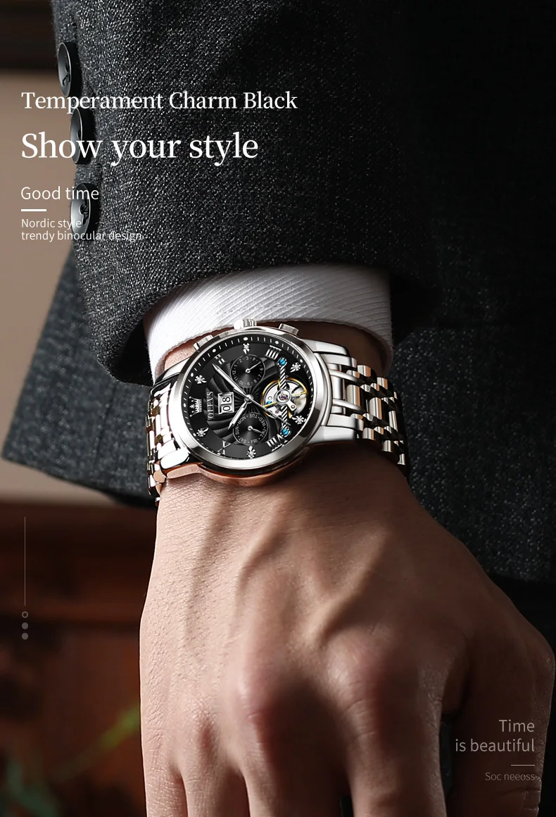 OLEVS 9910 Brand Original Authentic Watches for Man Luxury Gift Box Steel Belt Multifunctional Tourbillon Mechanical Men's Watch