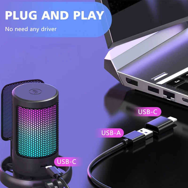 Microphone，USB Computer Microphone，Applicable to Podcasting Videos、Streaming Media、Condenser Microphone，Fast and Silent，Tripod