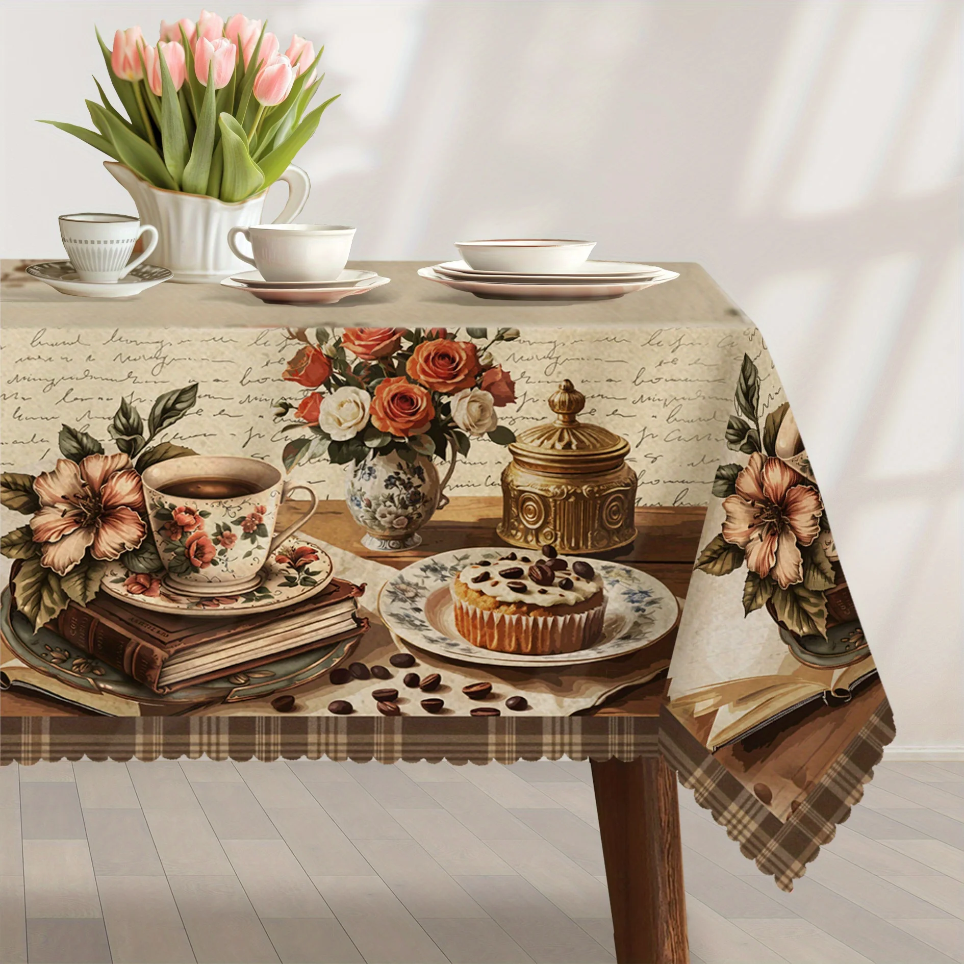 

Coffee Tablecloth, Vintage Coffee Floral Pastry Book Buffalo Check Design, Perfect Spring and Summer Decoration, Coffee Gift, Ideal for Indoor/Outdoor/Party/Wedding and Home Decor, Coffee Decoration, Floral Decoration
