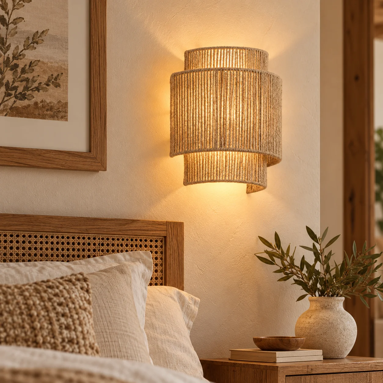 JOYINLED Modern E27 Wall Light Natural Wall Sconce Hemp Rope Hand-Woven for Bedroom Living Room Hallway Rustic Boho Home Accents