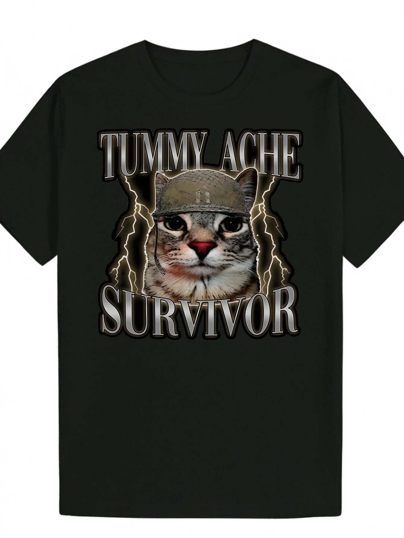 Men's Summer Casual Graphic T-Shirt Funny Cat Military Design with Tummy Ache Survivor Slogan Men's T-Shirt Black Cotton Tee
