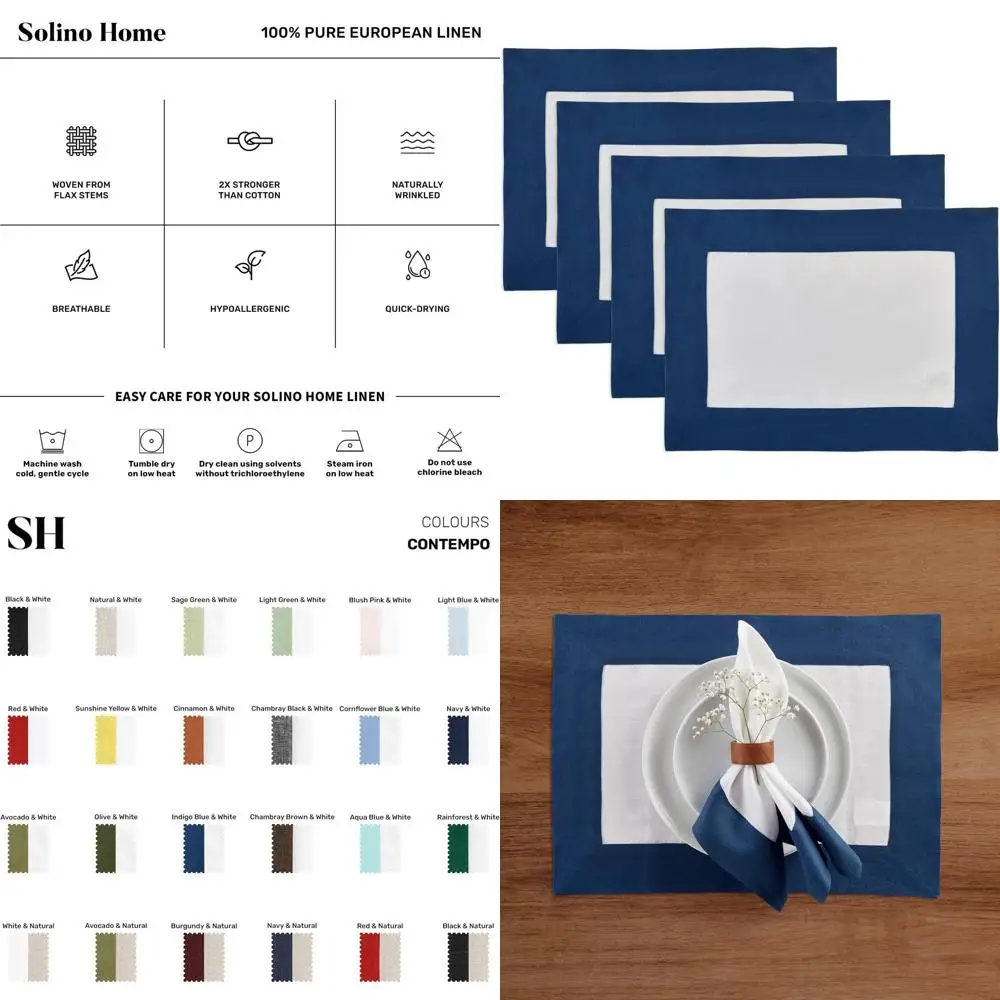 

Set of 4 Linen Placemats - Pure Indigo Blue & White, 14x19 Inches, Handmade, Machine Washable Contemporary Style