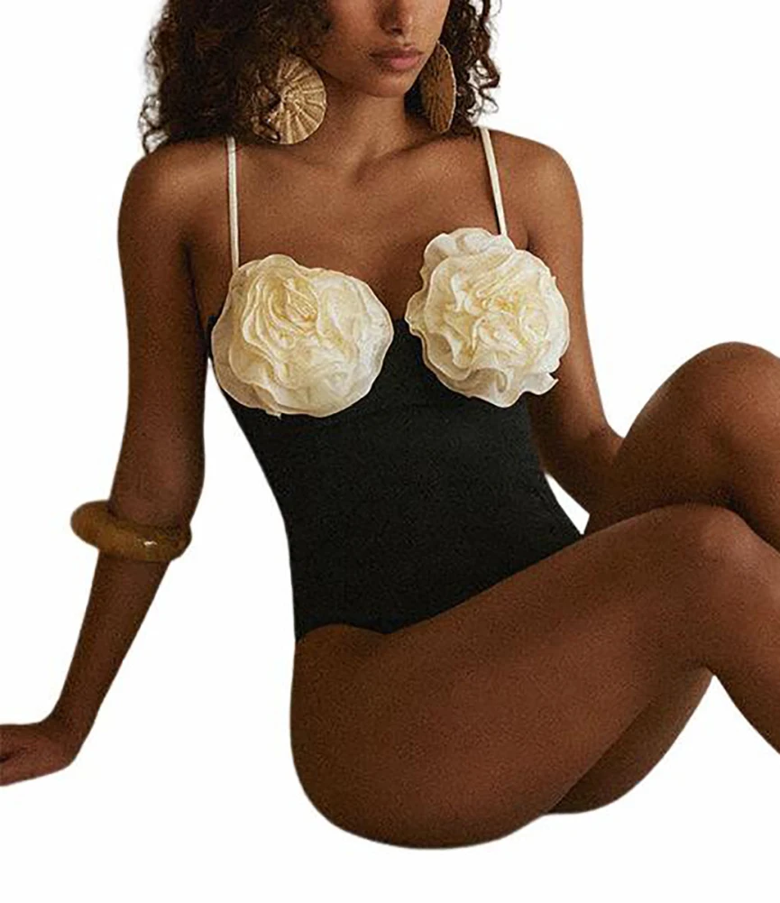 ملابس سباحة نسائية بحمالات رفيعة ، ملاصقة للجسم برقبة مربعة ، بدلات سباحة عصرية ، ملابس سباحة ثلاثية الأبعاد بنقشة زهور ، الصيف