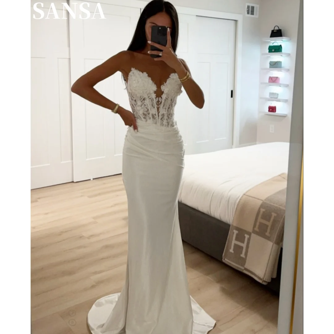 

Sansa Customized Formal A-line Satin Evening Dress Strapless Floor-Length Embroidery Wedding Dress Sleeveless vestidos de fiesta