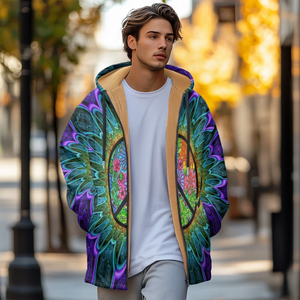 

Man winter clothing, New in Down Coats, Flowers contrast colors graffiti cotton-padded jacket clothing, feather pocket zipper