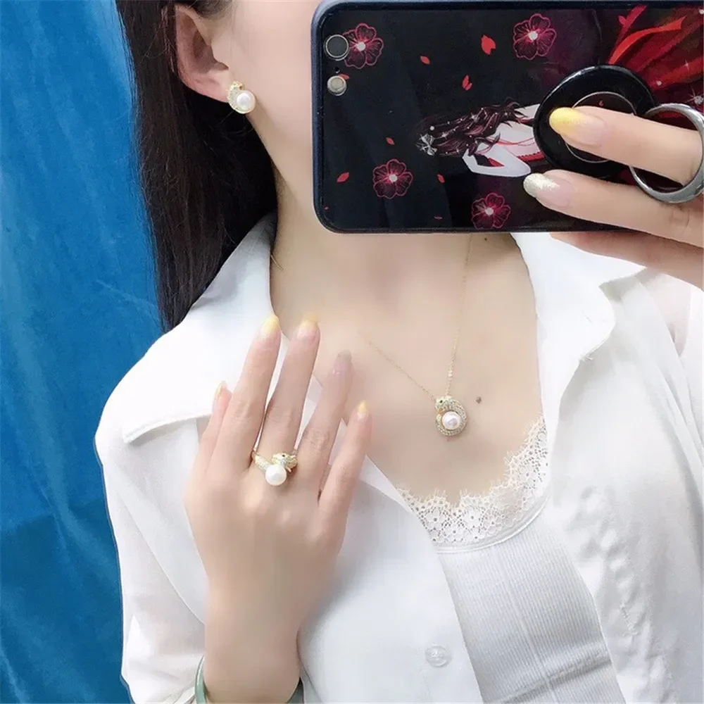 Women's summer freshwater pearl inlaid suit female 8-9mm lucky leopard head three-piece fine pearl jewelry