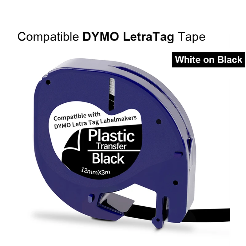 1PK White on Black Plastic Label Tape Compatible with Dymo Letra Tag Label Maker Plus LT-100H LT-100T