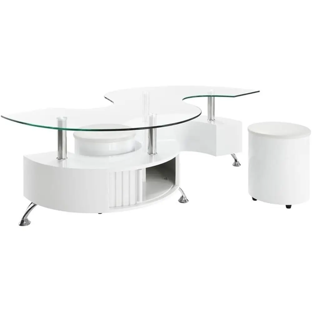 

Modern Curved Glass Coffee Table Set with 2 Leather Stools and Storage, White Finish