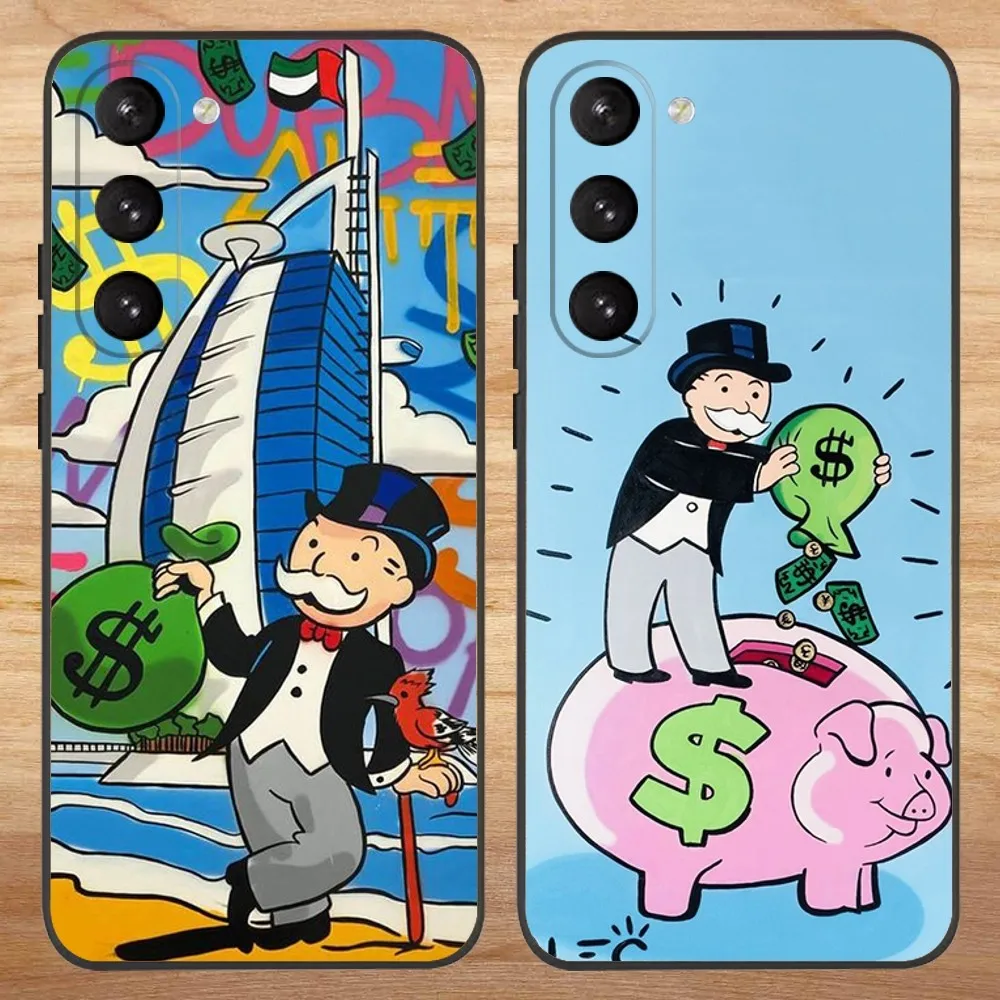 Cartoon Dollar Alec M-Monopoly Phone Case For Samsung S23,23,22,30,21,10,9,Note20 Ultra,Lite,Ultra,5G,Plus,FE,Black Soft Case