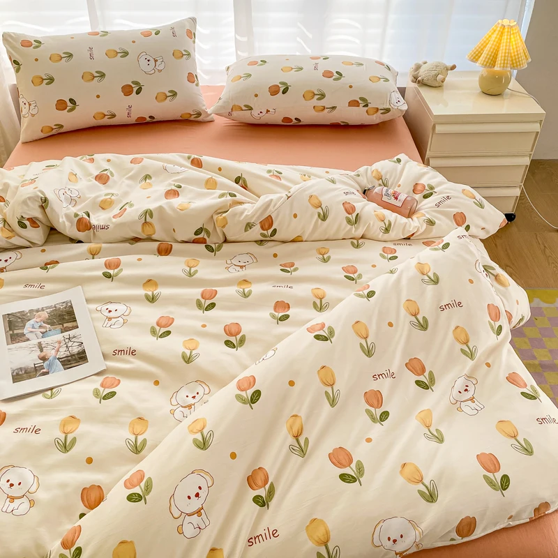 Kids Cartoon Duvet Cover Set 3pcs with Tulip and Dog Pattern, Microfiber Reversible Comforter Cover Queen Botanical Bedding Set