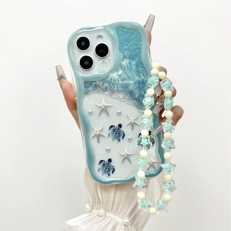 Funda de verano con tortuga y elementos marinos, borde ondulado para iPhone 17 16 15 14 13 12 11 Pro Max Plus 17E, clara con cuerda de cuentas, cubierta suave 4