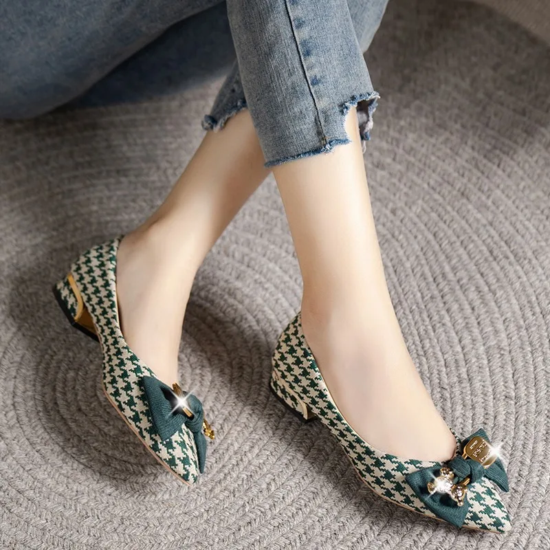 Mulheres apartamentos sapatos outono novo dedo do pé apontado deslizamento em cores misturadas houndstooth mocassins borboleta-nó boca rasa tênis feminino