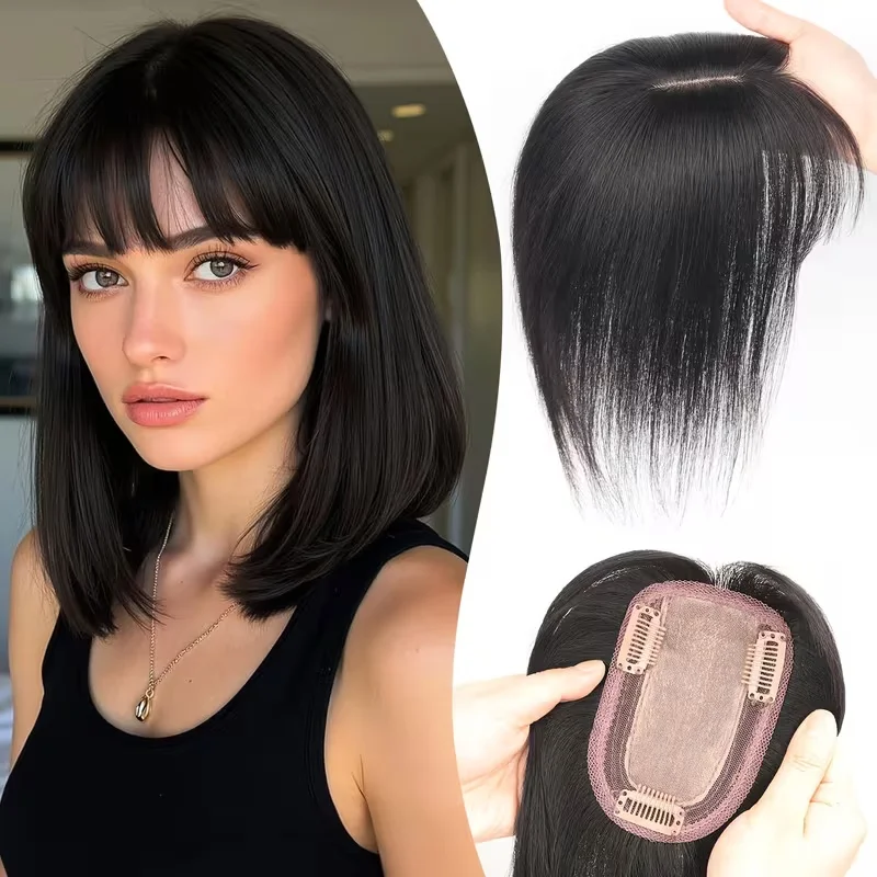 

10inch Natural Black Straight Human Hair Topper with Fringe, Clip-in Hairpiece for Thinning Hair