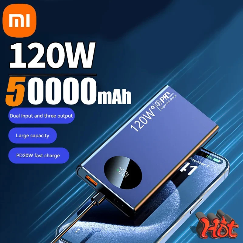 Xiaomi 50000 mAh 120W Power Bank Super Fast Charging 100% Sufficient Capacity Portable Battery Charger For iPhone Xiaomi Huawei