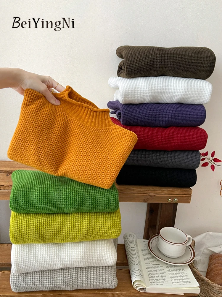 Beiyingni 2025 العصرية المرأة الوقوف طوق سترة الفرنسية أنيقة العقص كم طويل متماسكة القمم السيدات لون نقي بلوفر شتوي #4