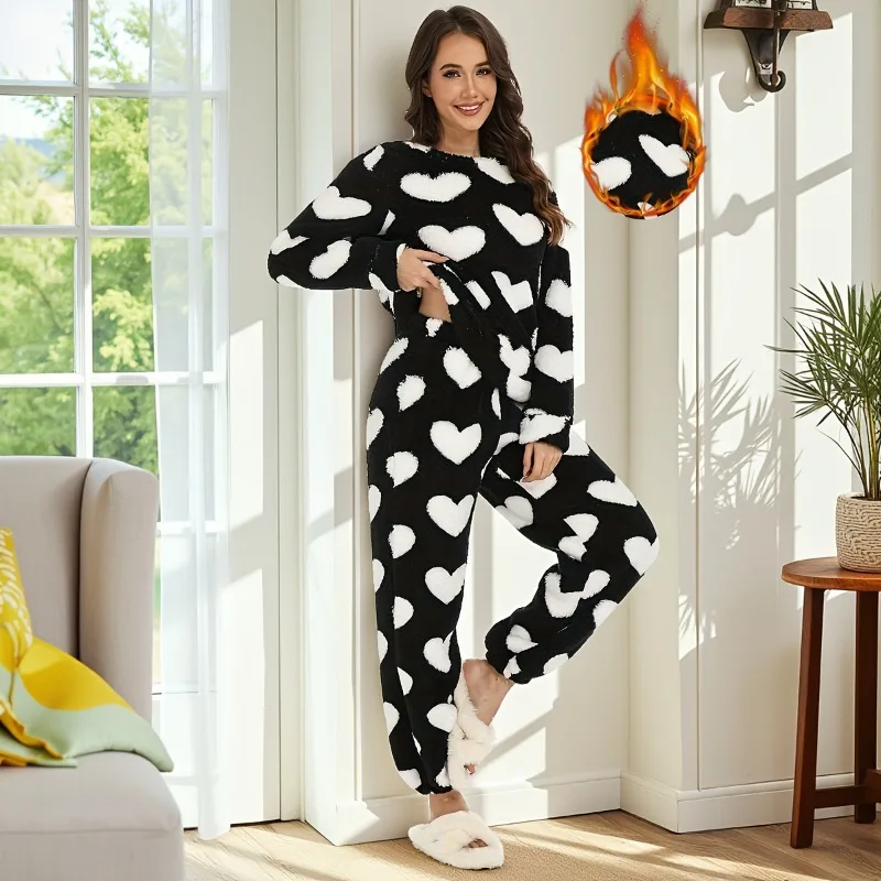 

Очаровательные зимние брюки с длинными рукавами, пижамный комплект с принтом «Любовь», плотная домашняя одежда из кораллового флиса для девочек, милый модный дизайн, размер XL