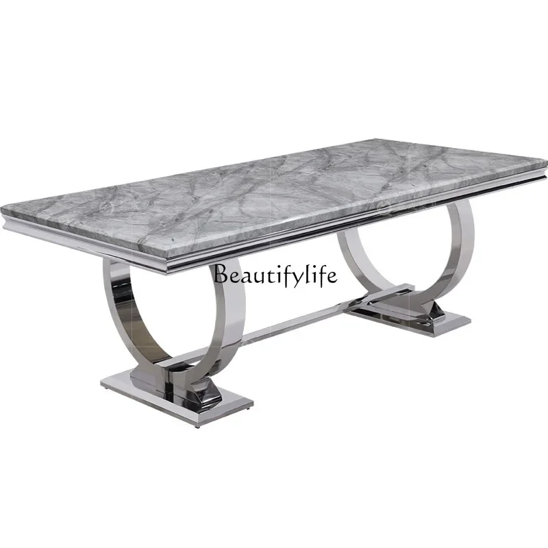 

Modern light luxury marble dining table Italian rectangular simple household stainless steel dining table