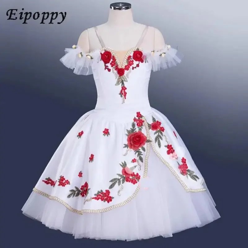 

White Awakening Of Flora Romantic Tutu Long Professional Ballet Dance Tutu Dress For Grils Performance Competition Costumes