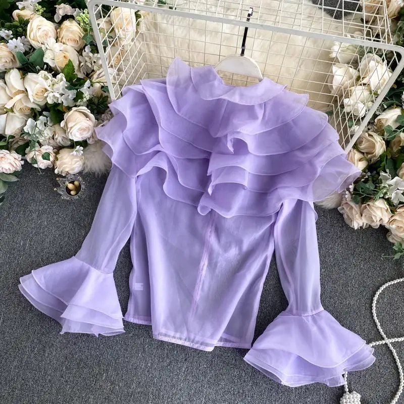 Spring Korean Fashion Sweet Women Shirts Blouses Net Yarn Cascade Ruffle Flared Sleeve Perspective Chiffon Pearl Button Up Shirt