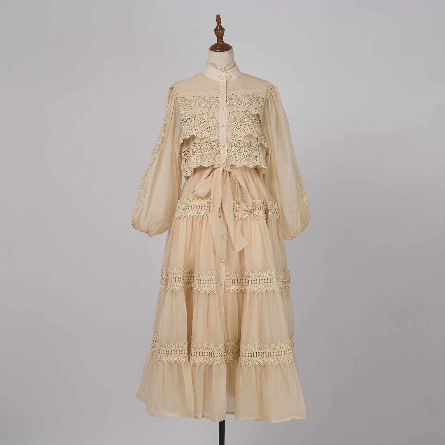 Luxury Long Dresses Women 2026 Spring Summer Embroidery Ruffle Lace Pearl Hollow Out Party Midi Dress Shirt Full Sleeve Vestidos