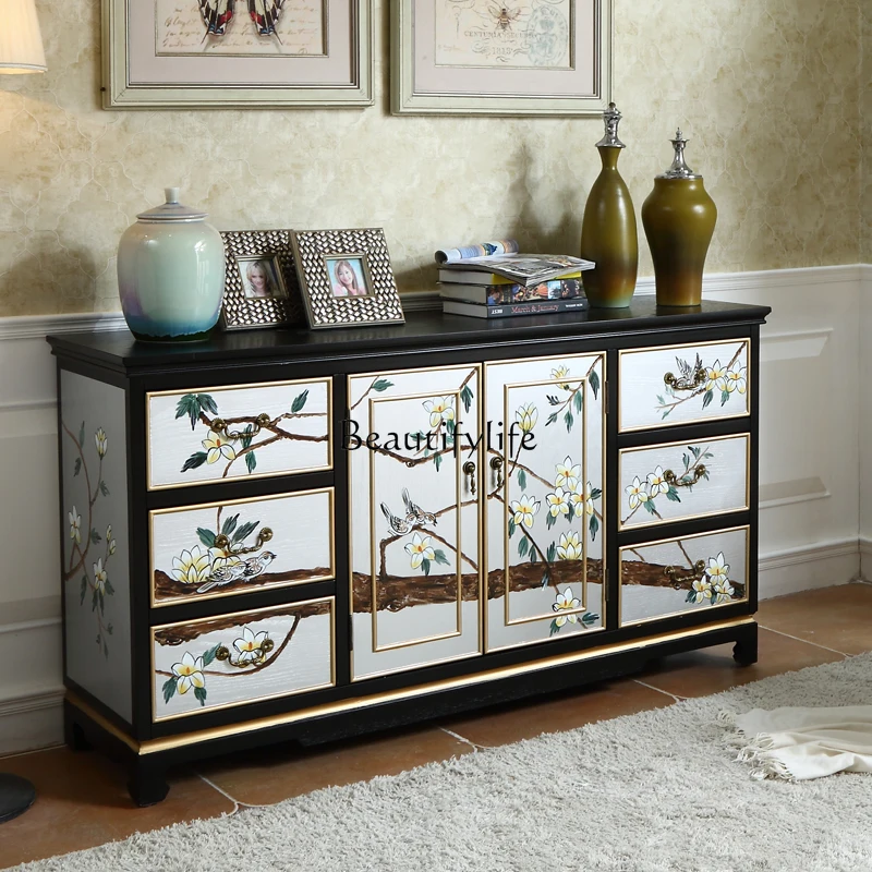 New Chinese Style Chest of Six Drawers Ming-Qing Period Hand Drawn Flowers and Birds Hallway Solid Wood Sideboard