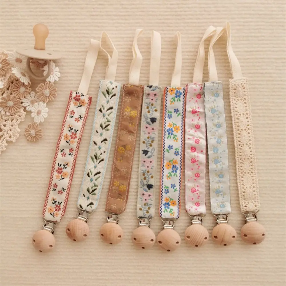 Ethnic Style Baby Cloth Pacifier Chain Embroidery Floral Wood Soother Holder Adjustable Dummy Clips Nipple Holder Clips Baby