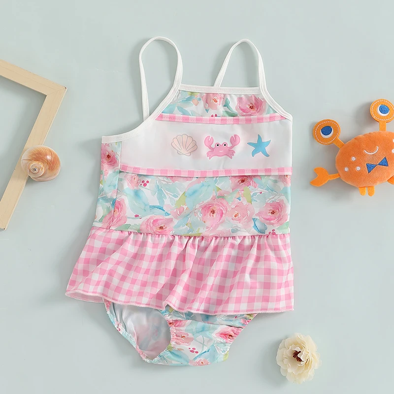 

Cute Toddler Girls Swimsuit with Floral Print and Ruffle Detail Sleeveless Baby Girls Bathing Suit Beachwear