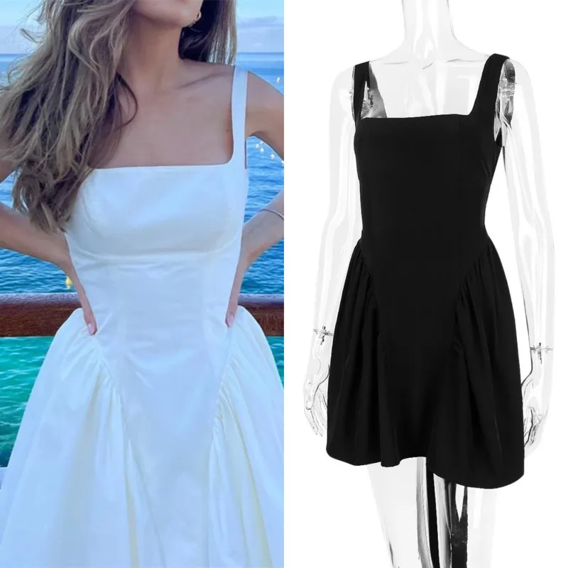 

Elegant Open-Back Bow Dress French Solid Color Strappy Mini Dress Summer Sleeveless Tie-Waist Bodycon Dress Women's Party Dress