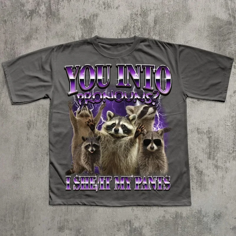 You Into Pronouns I She It My Pants Graphic T-shirt, Funny Raccoon Unhinged Weird Silly Meme Casual Unisex Short Sleeve Tee