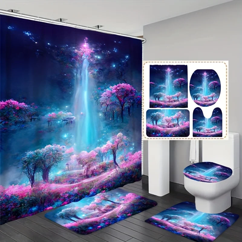 1/3/4PCs colorful forest waterfall printed shower set, waterproof bathroom partition curtain with hooks, non-slip bath R