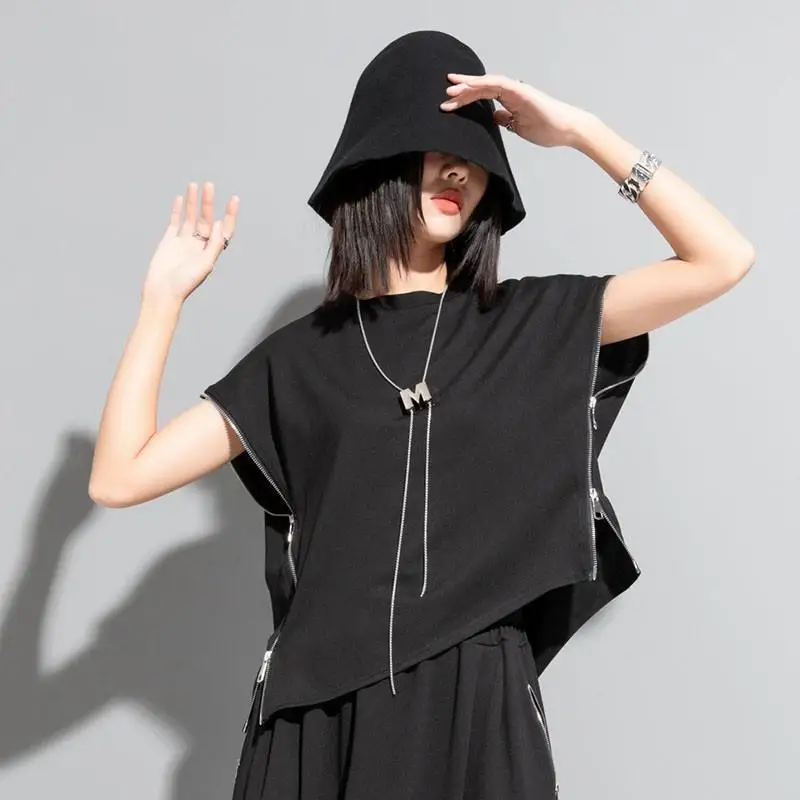 

Summer Women O Neck Short Sleeve T Shirt Personality Two Way Zipper Irregular Fashion Casual All-match Loose Clothing Black Work