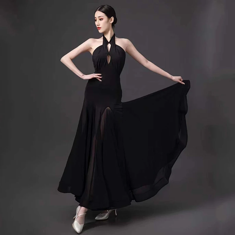 Sexy Ballroom Dance Kleid Frauen Modern Dance Kostüm Neckholder Schwarz Kleid Walzer Leistung Kleidung Tango Dancewear BL10243