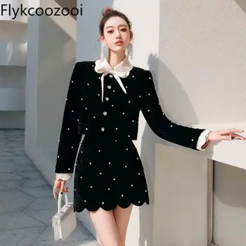 2024 햅번 스타일 패치워크 Blac 네일 다이아몬드 Trajes De Mujer Conjunto 2 Piezas Elegantes 중국 본토 스커트 세트