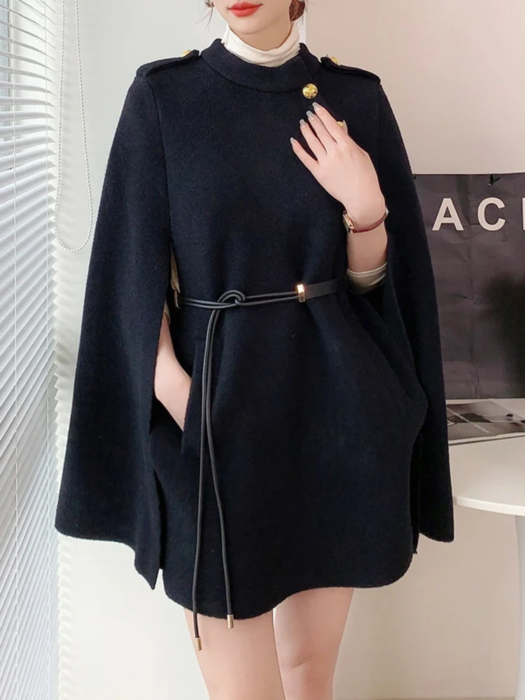 TWOTWINSTYLE Patchwork Belt Elegant Chic Long Coats For Women O Neck Long Sleeve Spliced Button Designer Coats Female Fashion