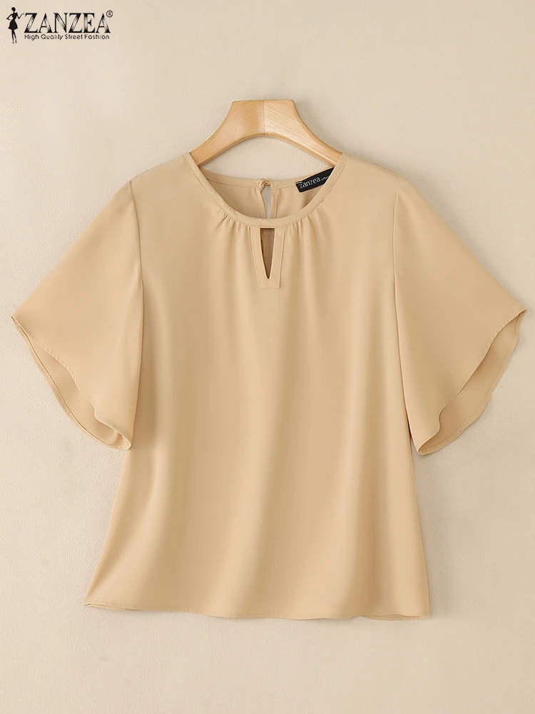 بلوزات نسائية أنيقة للعمل OL قميص مكتب صيفي من ZANZEA سترة أنيقة متينة للسيدات بأكمام قصيرة ورقبة دائرية بلوزات فضفاضة غير رسمية