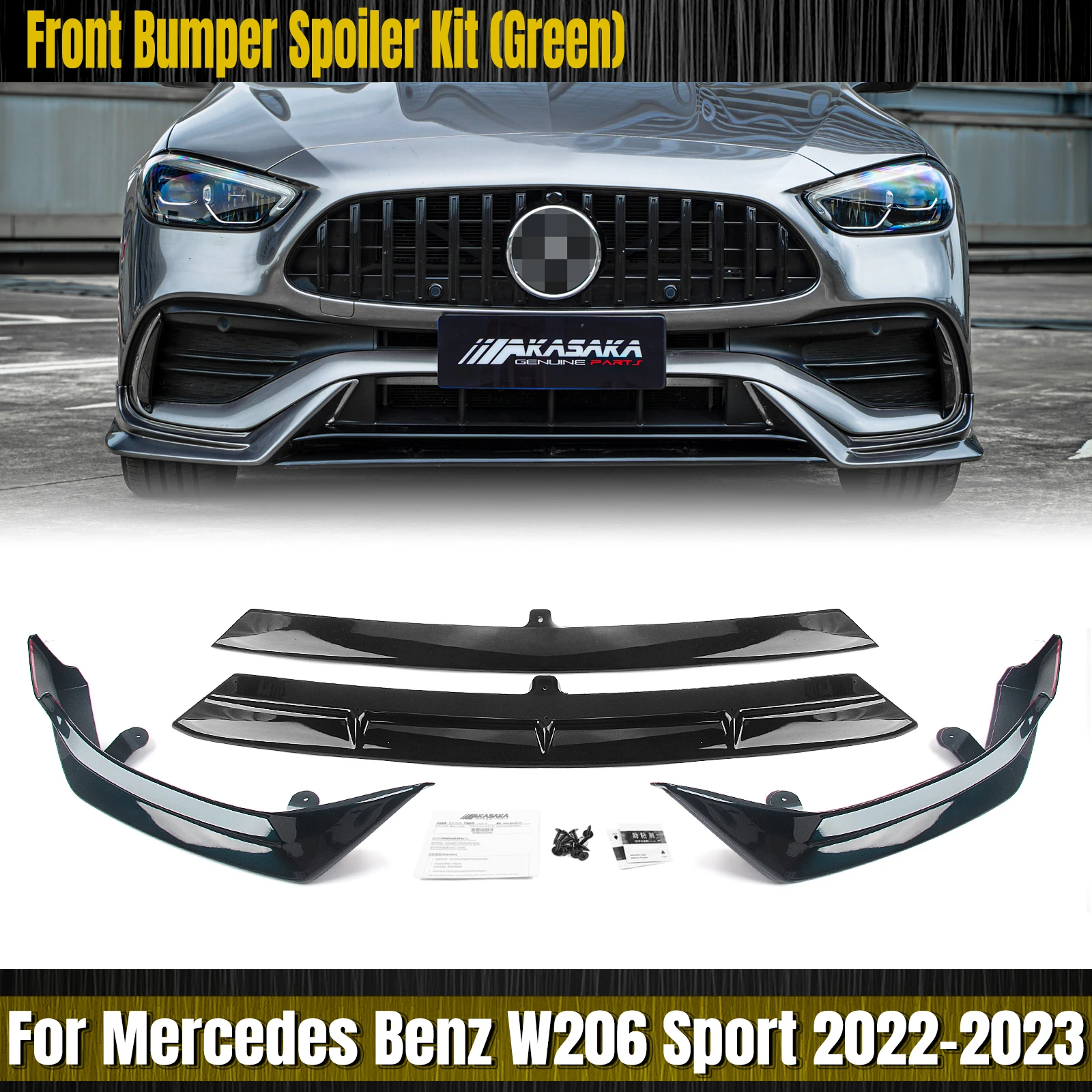 AKASAKA For Mercedes Benz C Class W206 Sport 2022-2023 C300 Gloss Black Front Bumper Spoiler Lip Blade+Lower Side Splitter Cover