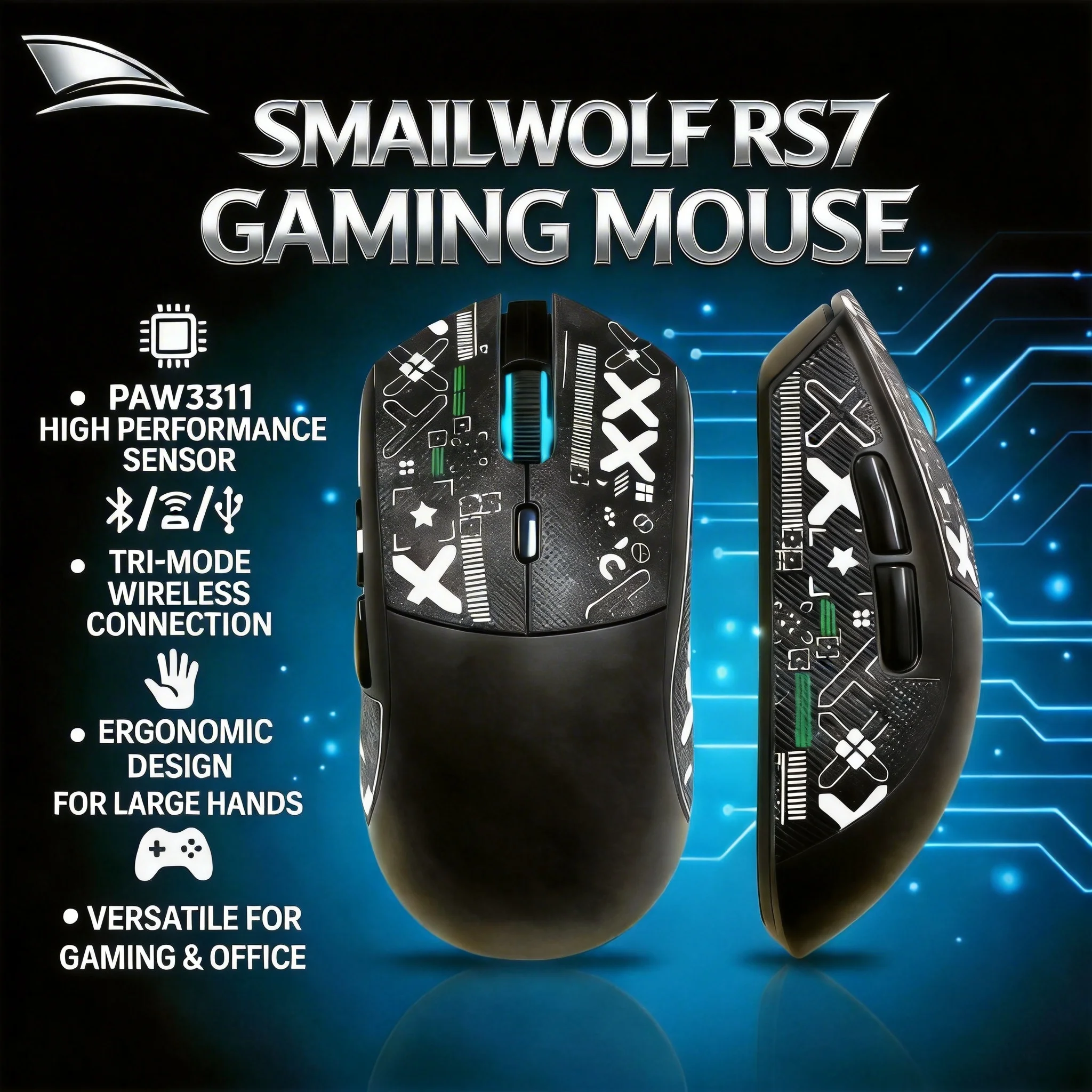 

Беспроводная Bluetooth-мышь SMAILWOLF RS7, трехрежимная, для игр на ноутбуках и настольных компьютерах, сенсор PAW3311, подходит для больших рук