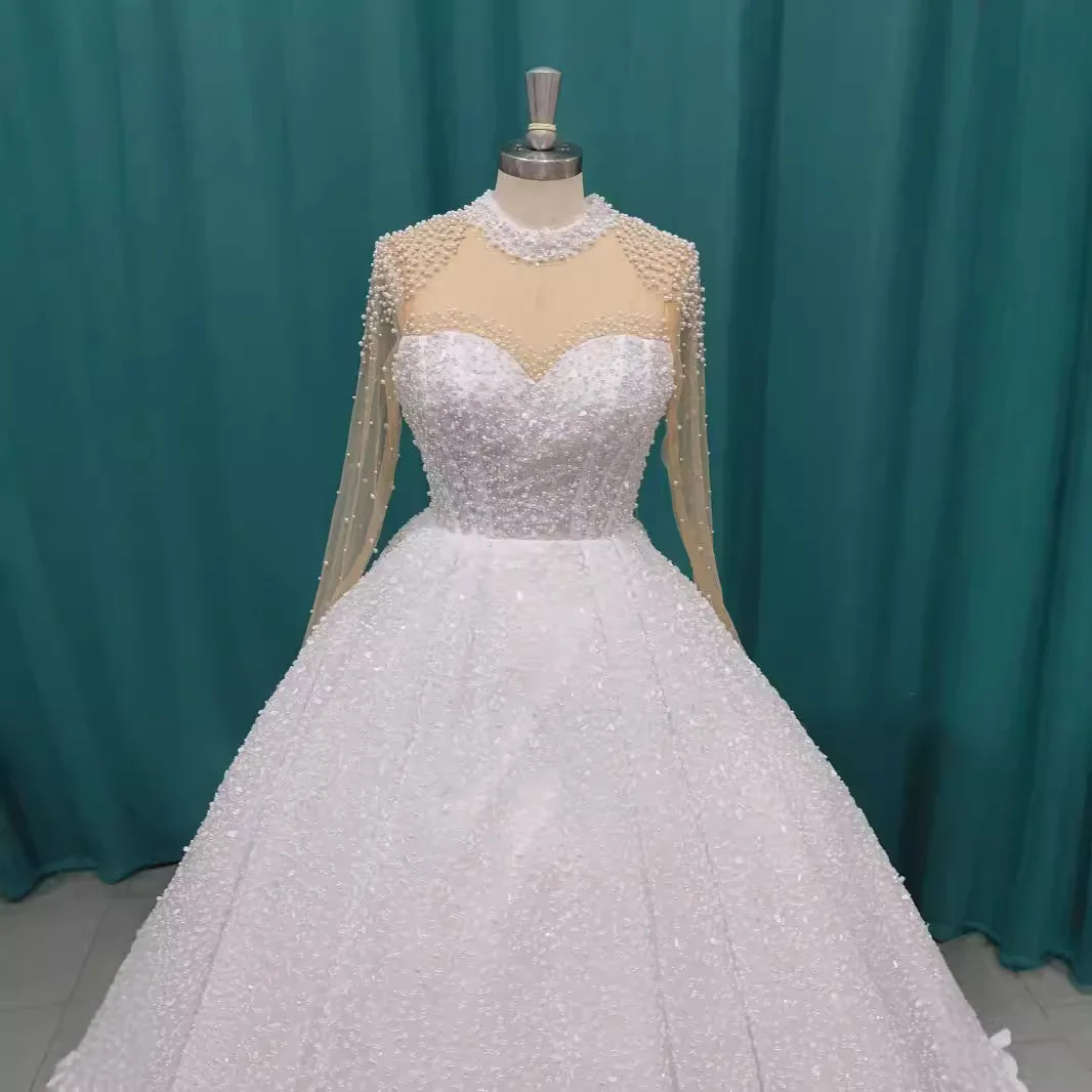 Maßgeschneiderte luxuriöse A-Linien-Hochzeitskleider mit Pailletten, Perlen und langen Ärmeln, Brautkleid mit Schleppe 2026 Vestido De Noiva – Detail 5