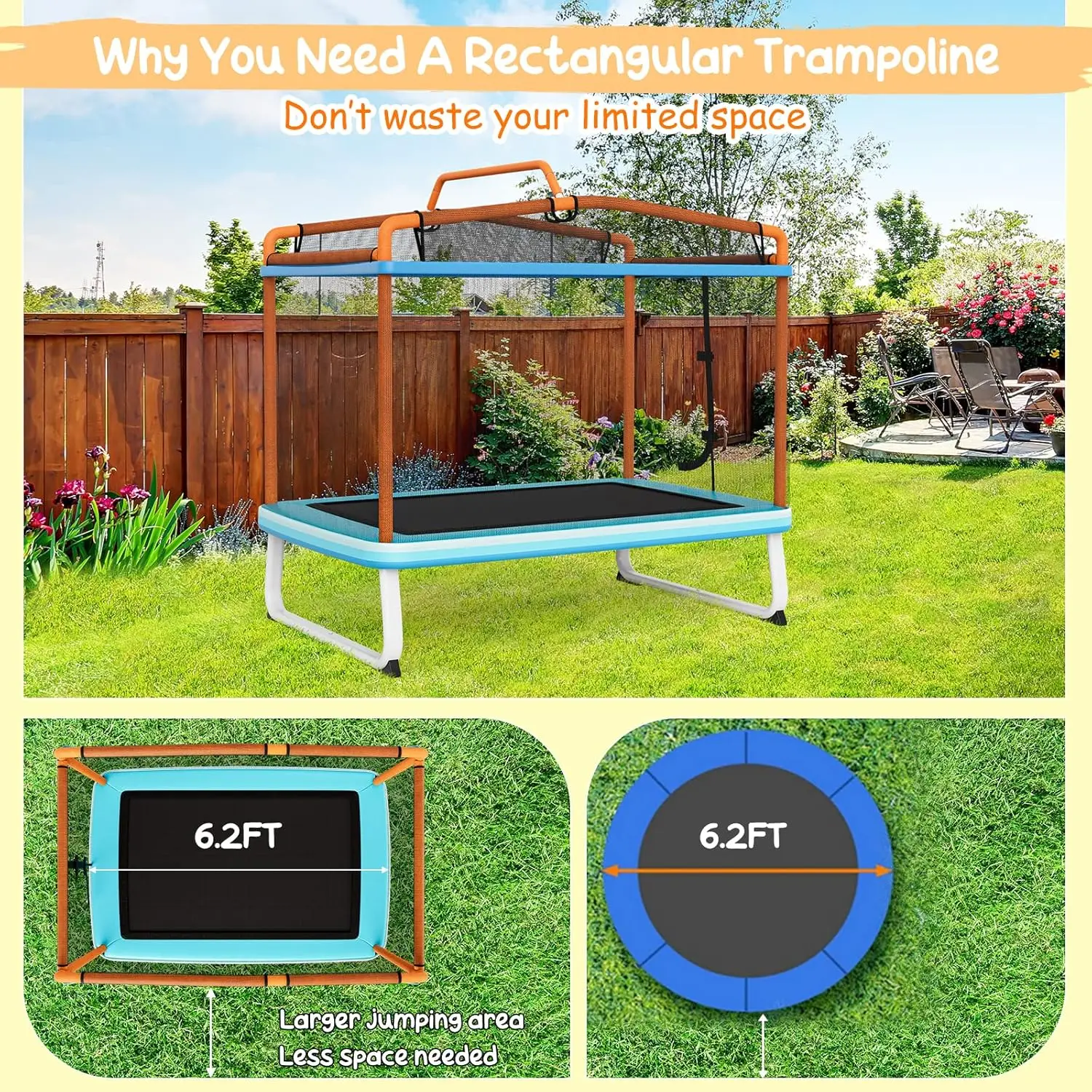 Trampoline for Kids, 75” ASTM Approved Recreational Trampolines with Swing, Horizontal Bar & Enclosure Net, Mini Rectangle