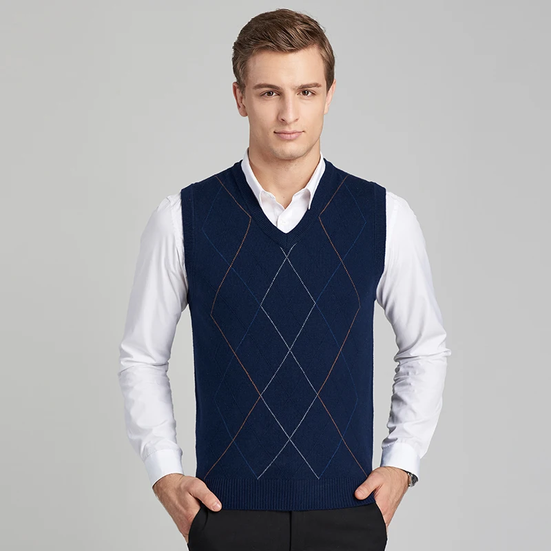 

Autumn and winter new men's knit vest cashmere sleeveless plaid high quality men sweater and pullovers