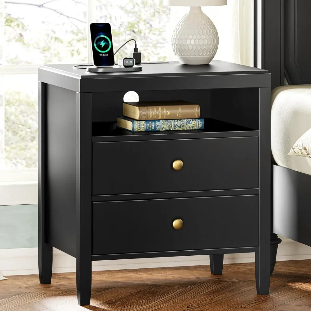 

Nightstands.Night Stand with Charger Station, Black Nightstand with 2 Drawers, Bed Side Table with Storage, Modern End Table