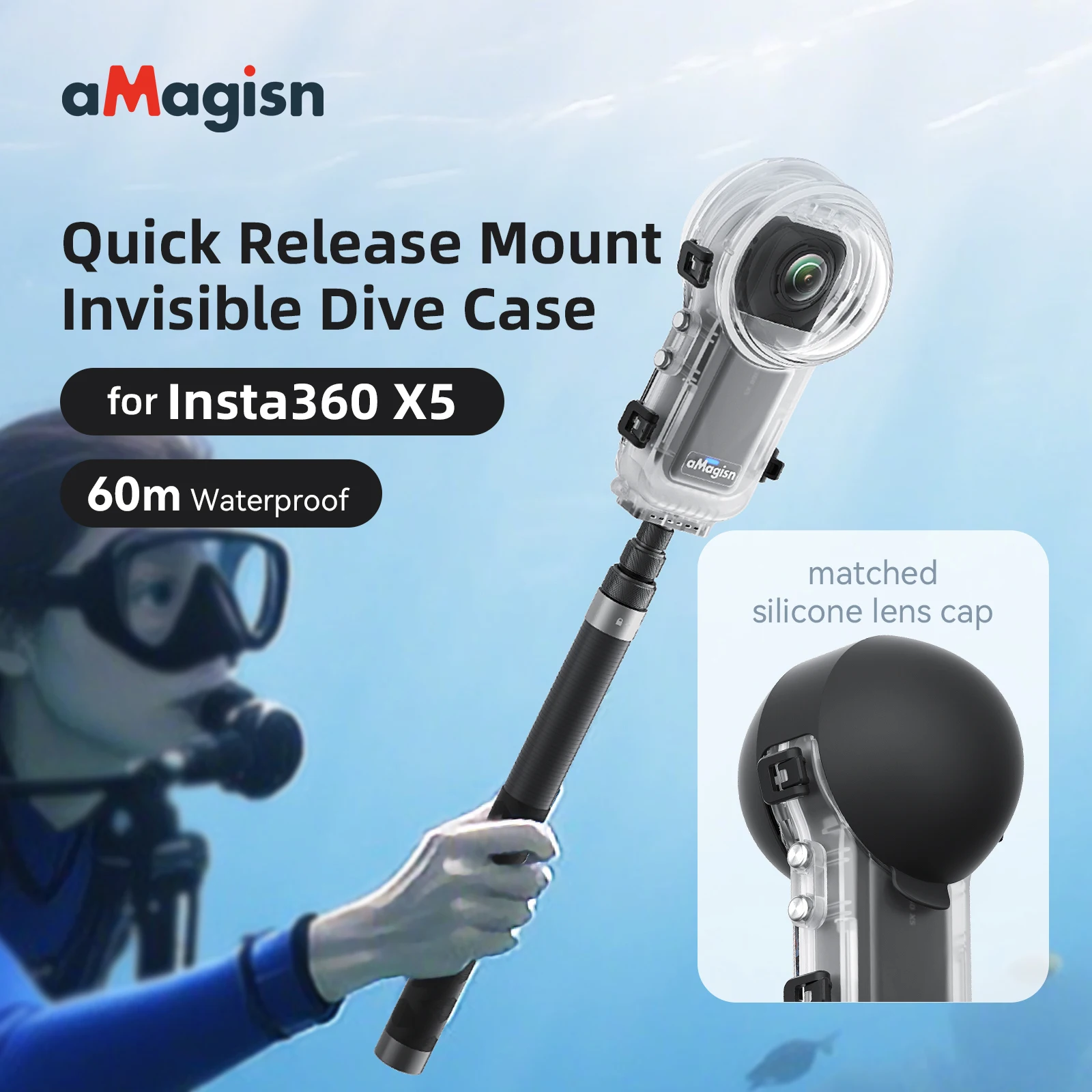 Insta360 X5用 aMagisn 60m/197ftダイビングハウジング、曇りのない水中ケース、Insta 360 X5アクセサリー用の目に見えない防水シェル