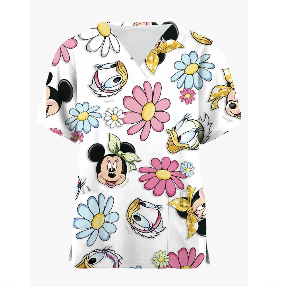 Uniforme de enfermera para mujer, uniforme superior con estampado de punto de Disney de Color sólido, uniforme médico de enfermera con bolsillo de