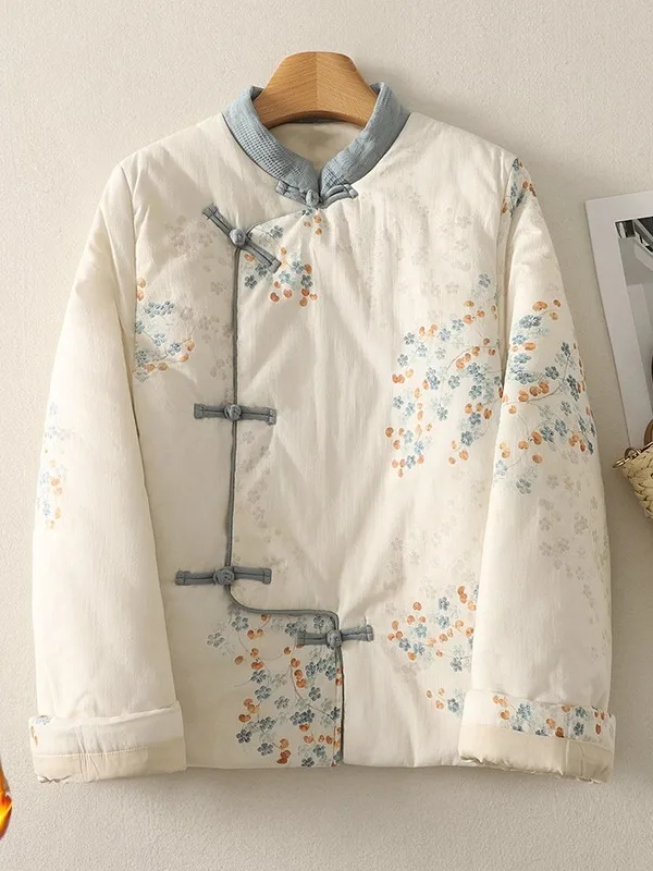 

Ele Artistic Floral Print Women's Top plus Size Cotton Winter Coat Casual Versatile Loose Fit Long Sve Button up