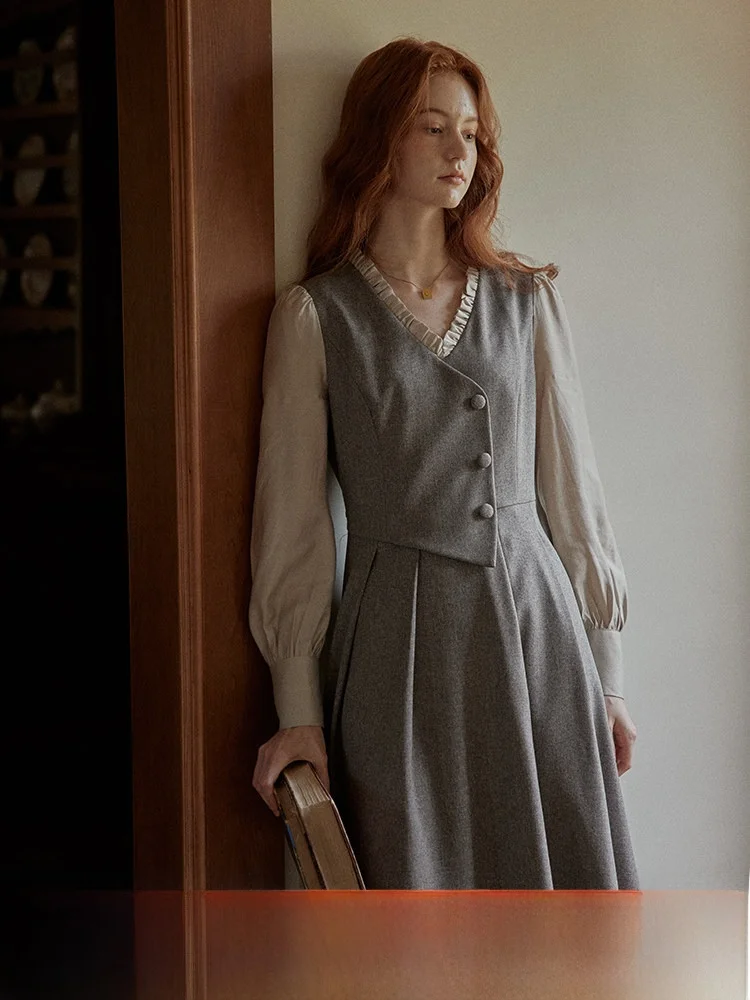 

C.PAIA Qia Pi Ya Coffee Light Cartoon Commute Dress Shirt Two-Piece Women's Winter Base Dress Vintage High Waist A-Line Skirt
