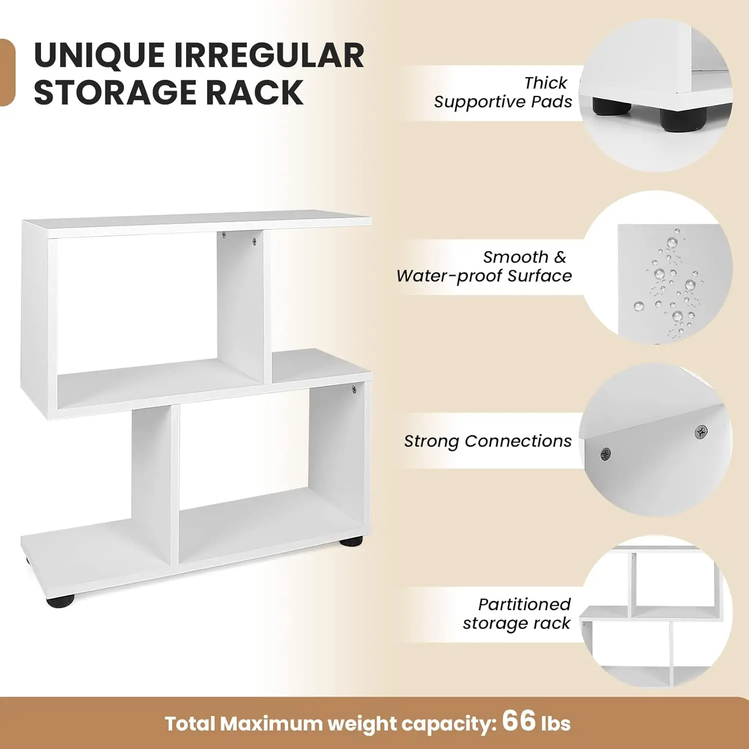 3-tier Geometric Bookshelf, 24’’ Tall Wood S-Shaped Display Shelves with Thick Foot Pads, Freestanding Open Shelves Nightstand