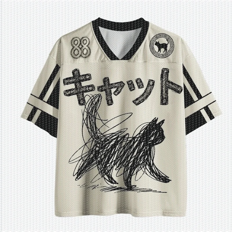 V-neck Sports Shirt Full Print Sketch Graffiti Cat Alphanumeric Pattern Short Sleeved Harajuku Street Football T-shirt